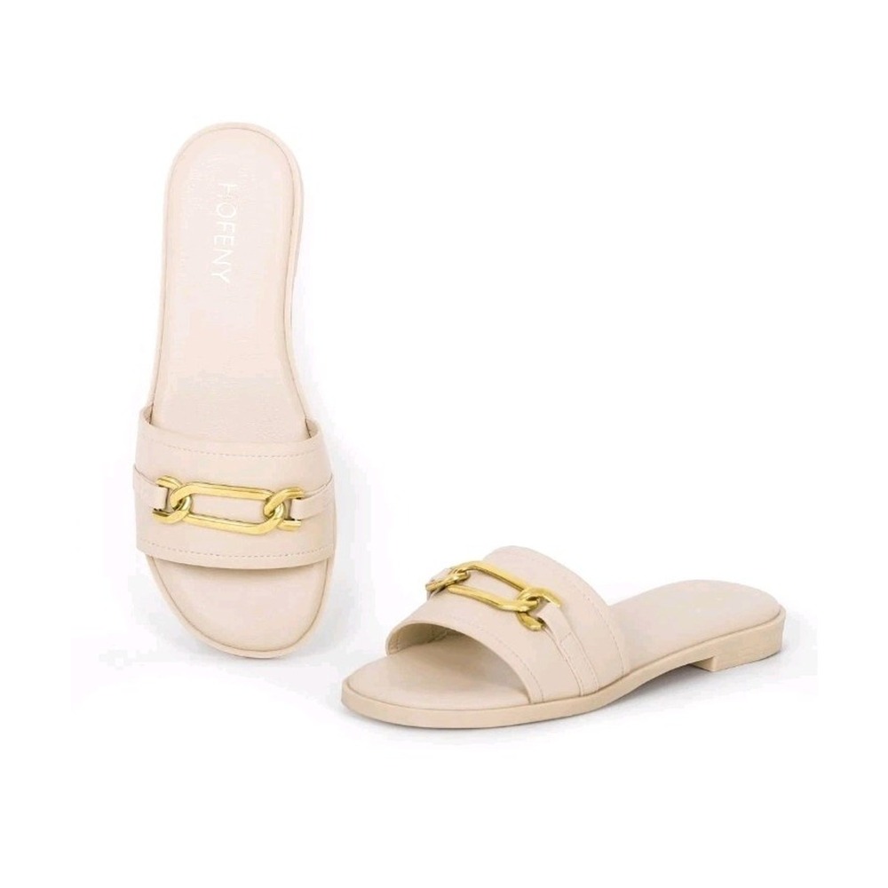 Hofeny Womens Flat Sandals Cream Leather Gold Chain Slip On Slides Size 8 S1